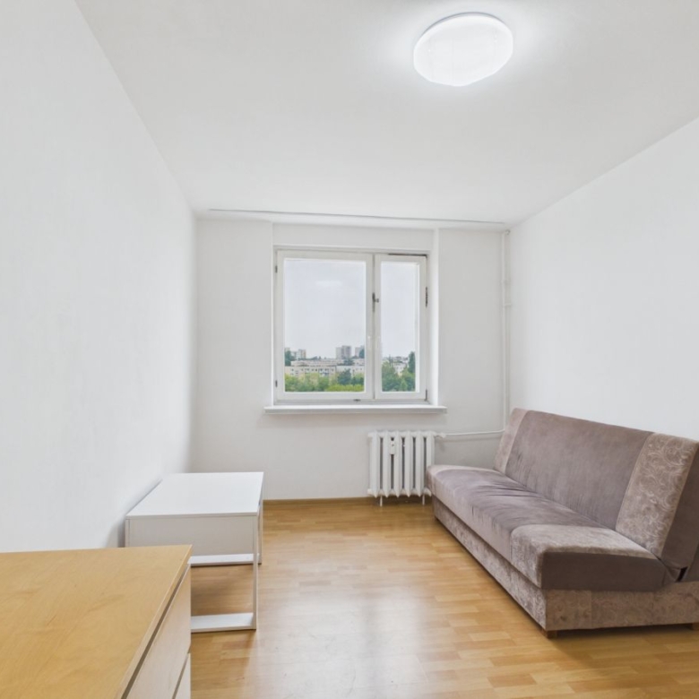 Sparse living room with a brown sofa, white walls, and a window showing a distant city view.