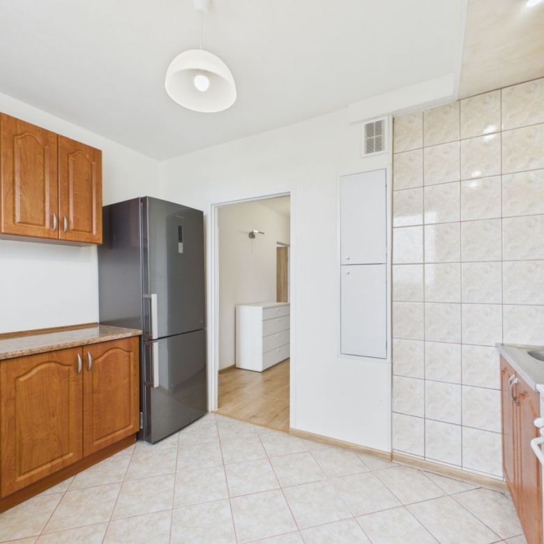 Kitchen with wooden cabinets, beige tiled walls, and a tall dark fridge near a doorway to another room.