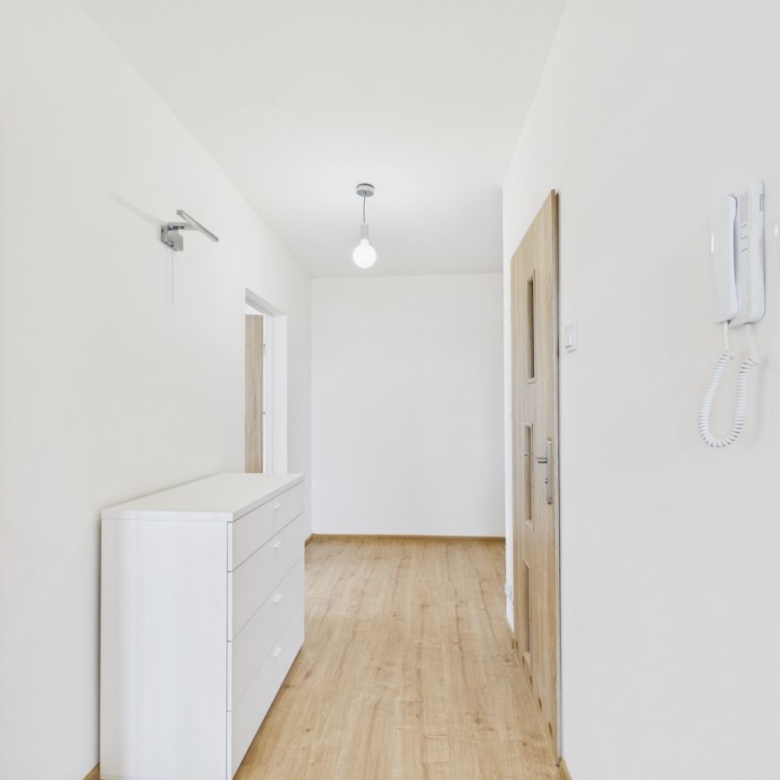 Bright minimalist hallway with white walls, light wood floor, a white dresser on the left, and a wall intercom beside a wooden door on the right.