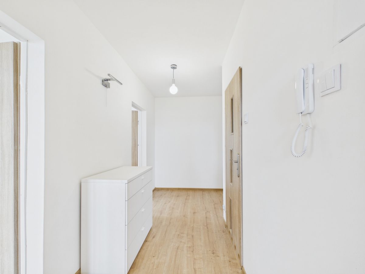 Bright minimalist hallway with white walls, light wood floor, a white dresser on the left, and a wall intercom beside a wooden door on the right.