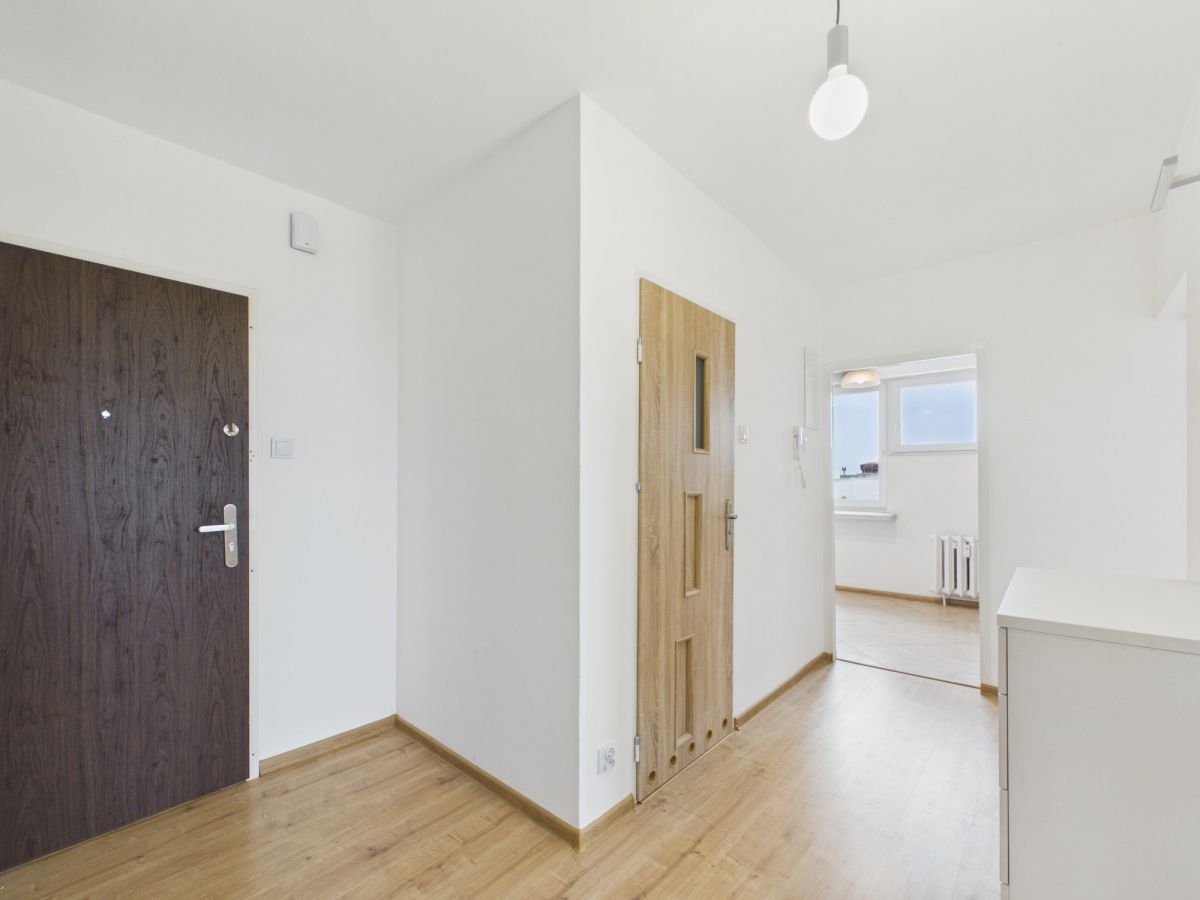 Bright hallway with white walls and light wood floor; dark front door on left, wooden interior door center, and an open doorway to a sunlit room.