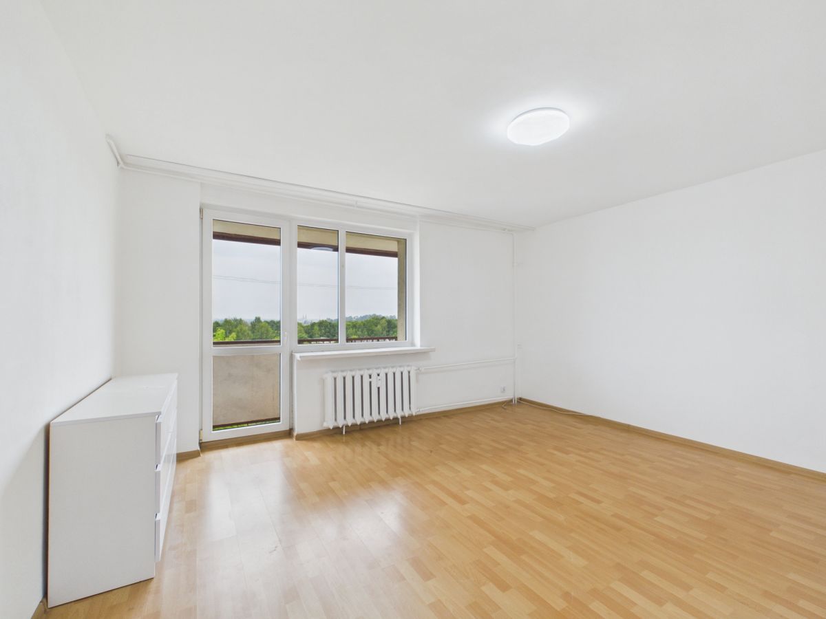 Bright empty living room with light wood floor, white walls, a large window and balcony door, and a white radiator beneath the window.