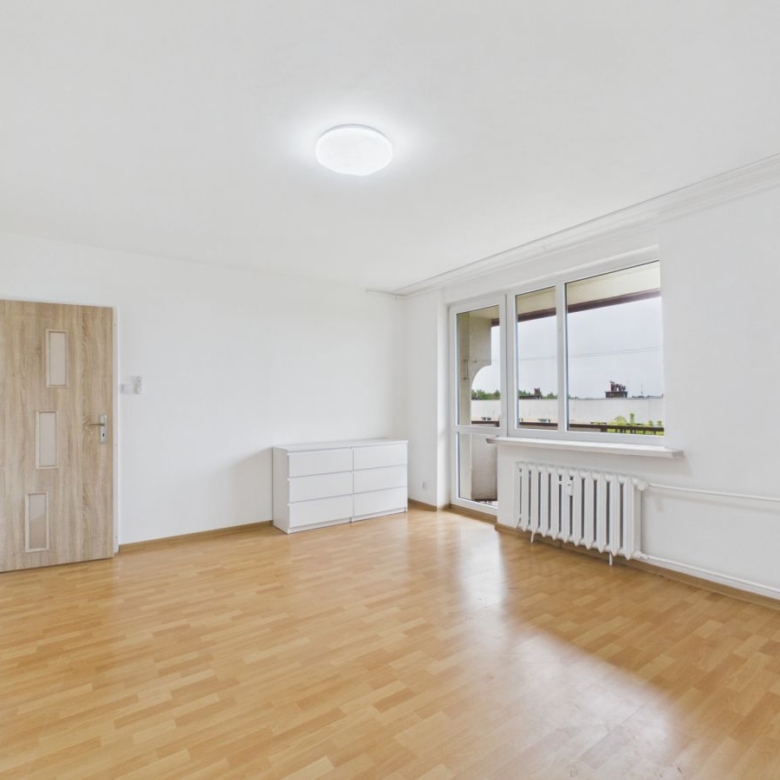 Bright empty living room with light wood flooring, white walls, a wooden door, white dresser, and a large window above a radiator.