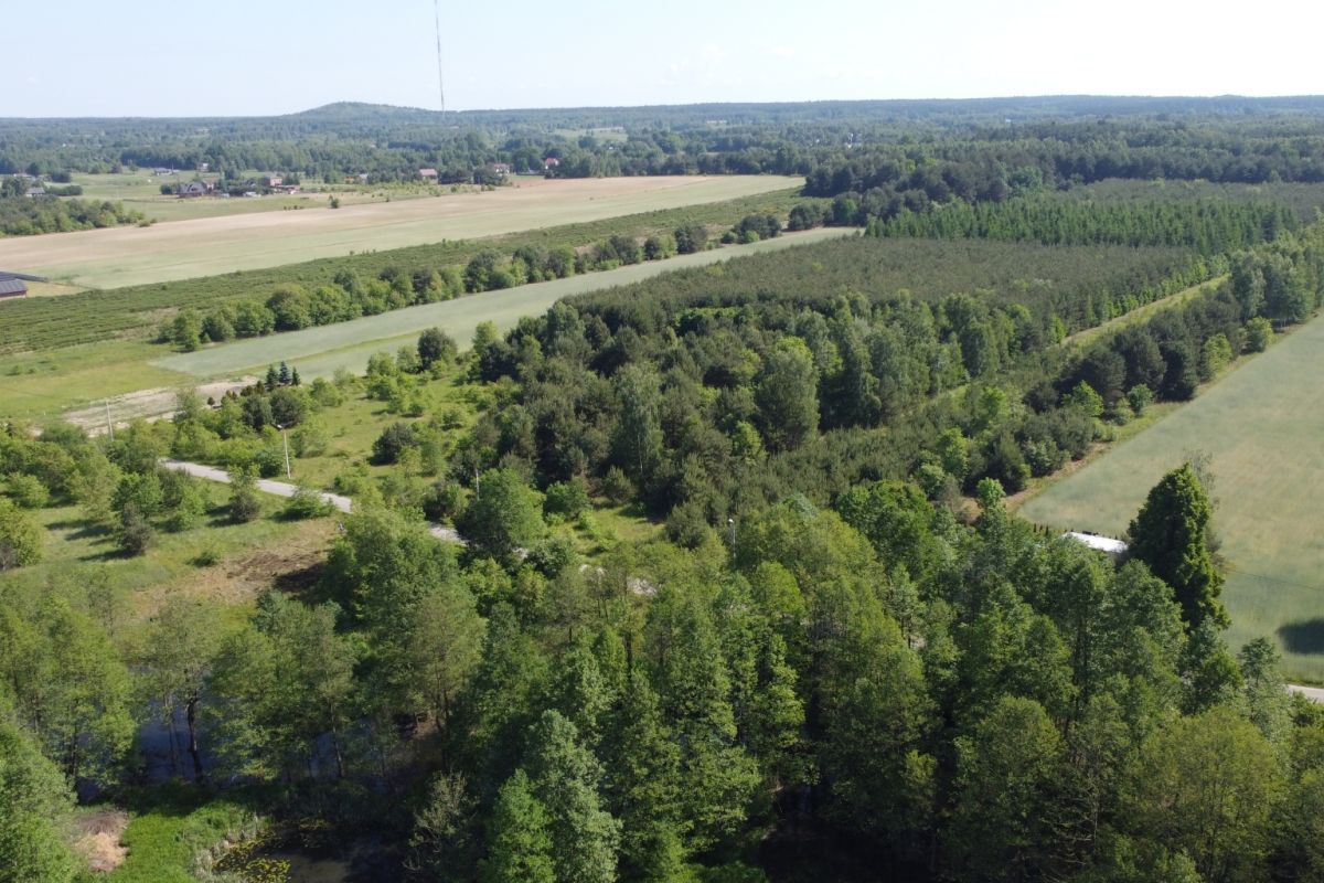 Aerial view of rural farmland with checkerboard fields, tree lines, and distant farm buildings amid green fields and forests.