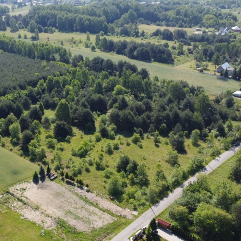 Aerial view of a rural landscape with fields, forests, and a road running through the greenery, with houses in the distance.