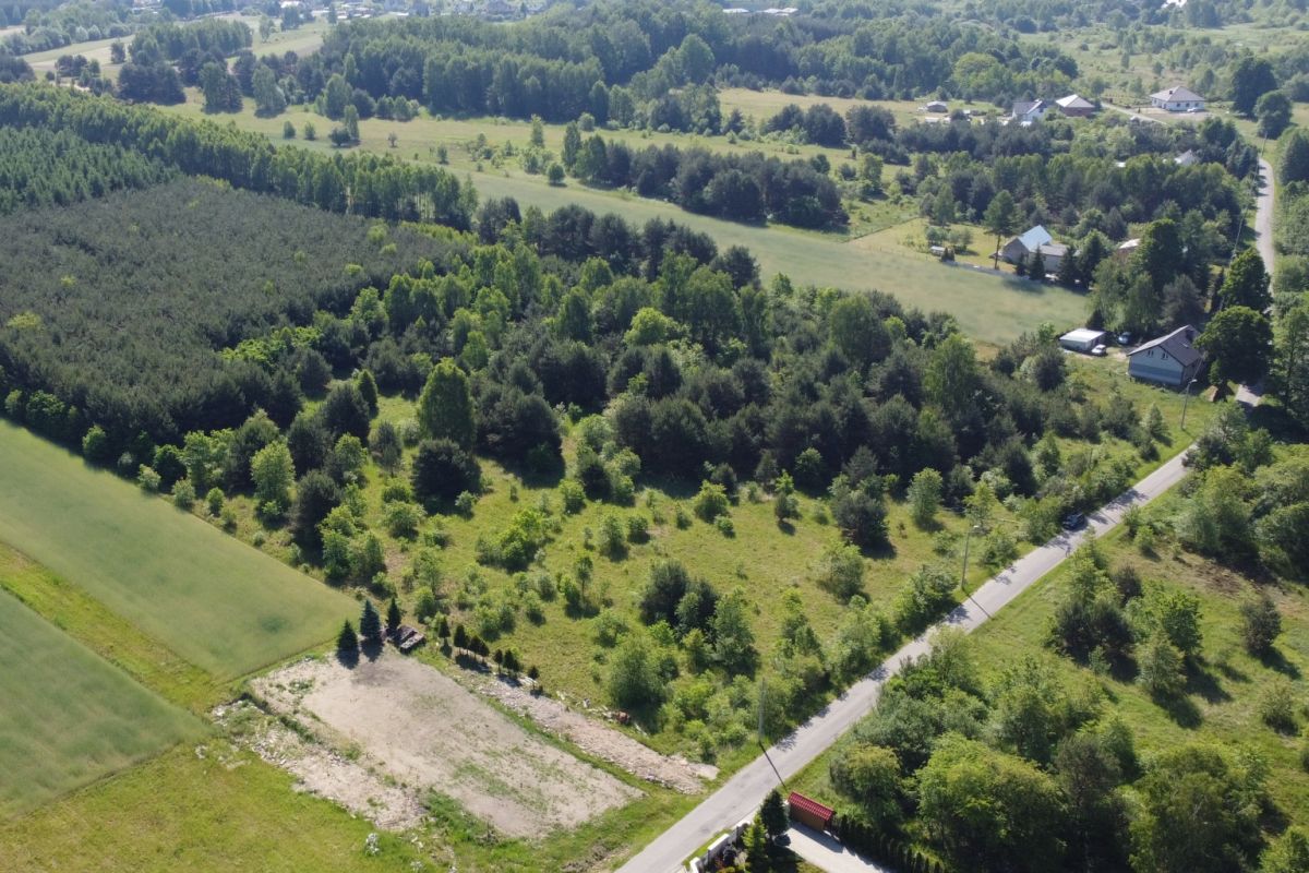 Aerial view of a rural landscape with fields, forests, and a road running through the greenery, with houses in the distance.