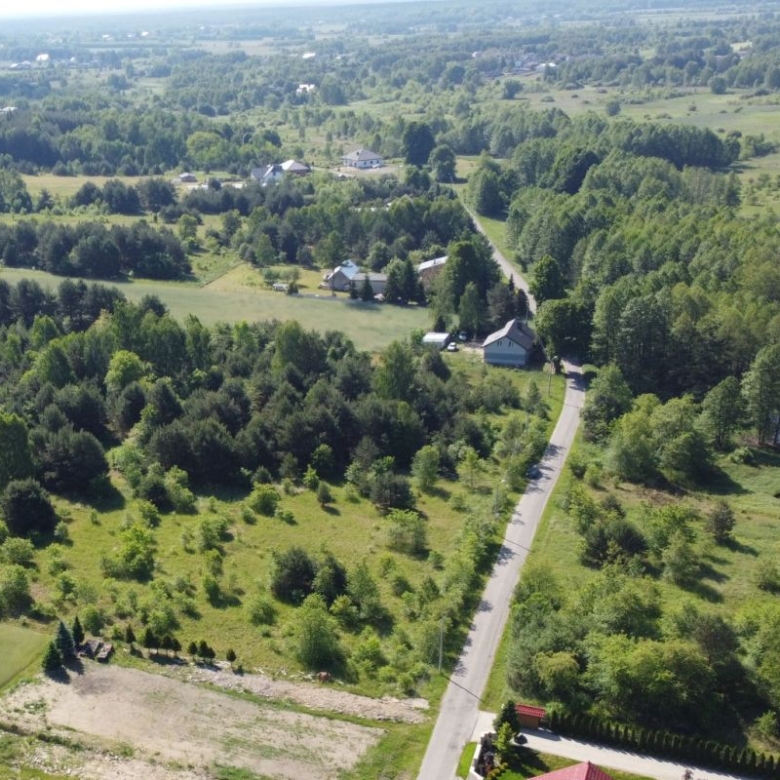Aerial view of a rural landscape with a winding road, scattered houses, and dense trees.