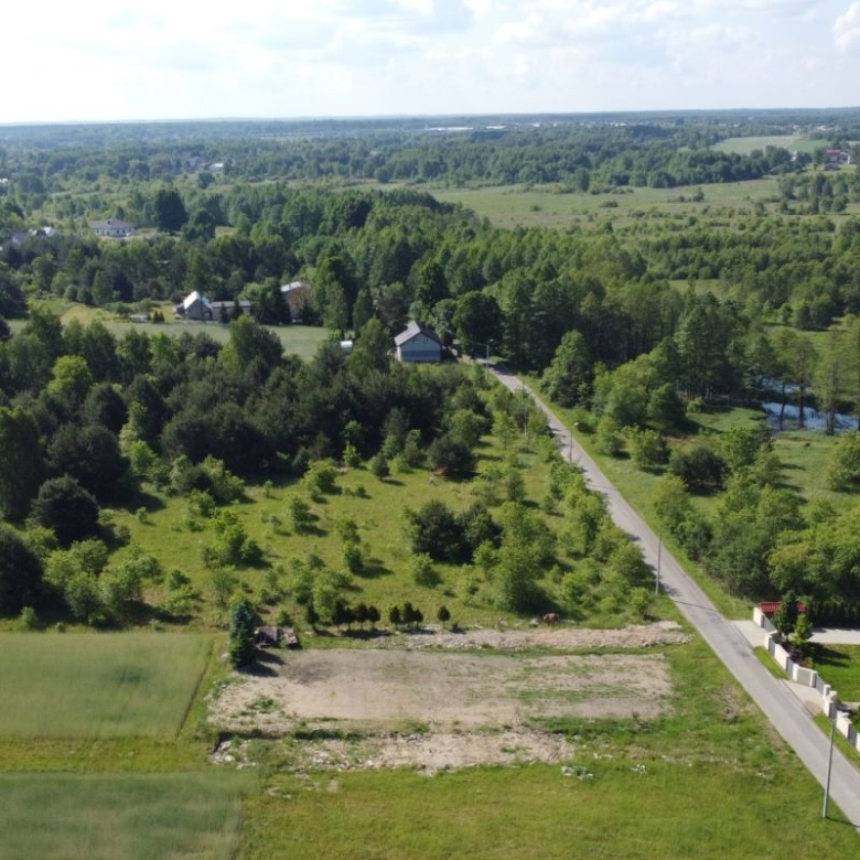 Aerial view of a rural landscape with a winding road, scattered houses, green fields and dense trees.