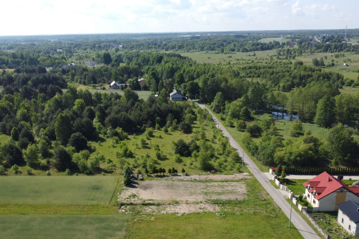 Aerial view of a rural landscape with a winding road, scattered houses, green fields and dense trees.