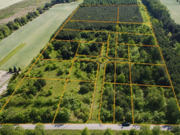 Aerial view of a wooded subdivision with orange boundary lines dividing multiple rectangular lots around a circular cul-de-sac at the center.