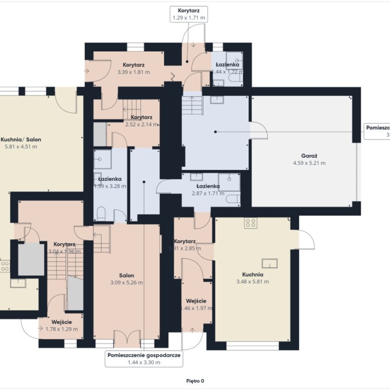 Ground-floor floor plan of a multi-room house with kitchens, living areas, bathrooms, corridors, and a garage with access doors and stairs.