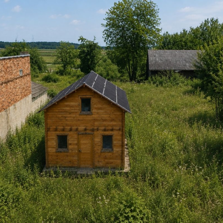 Small wooden cabin in a tall grassy lot beside a brick wall, with a shed and trees in the background on a sunny day