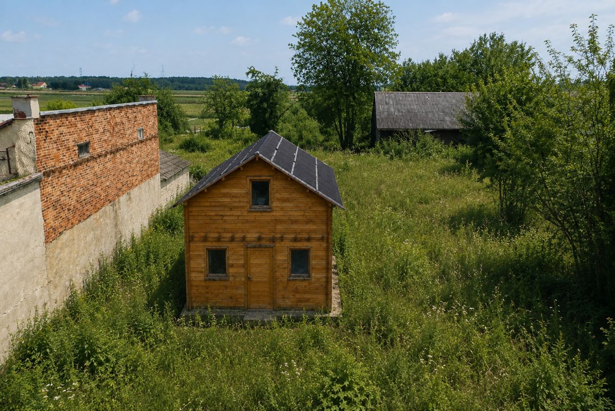 Small wooden cabin in a tall grassy lot beside a brick wall, with a shed and trees in the background on a sunny day
