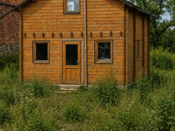 Wooden two-story cabin with a central door, small windows, and a surrounding overgrown field under a blue sky.