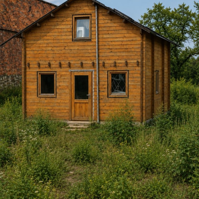 Wooden two-story cabin with a central door, small windows, and a surrounding overgrown field under a blue sky.