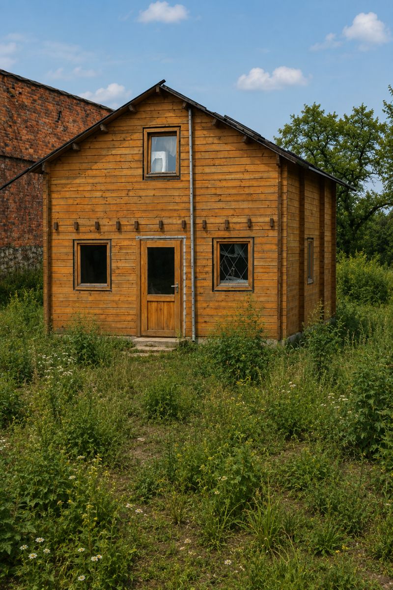 Wooden two-story cabin with a central door, small windows, and a surrounding overgrown field under a blue sky.