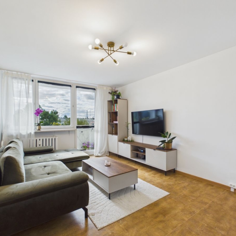 Living room with an olive L-shaped sofa, coffee table, and a wall-mounted TV on a white entertainment unit, near a large window with sheer curtains and potted plants.