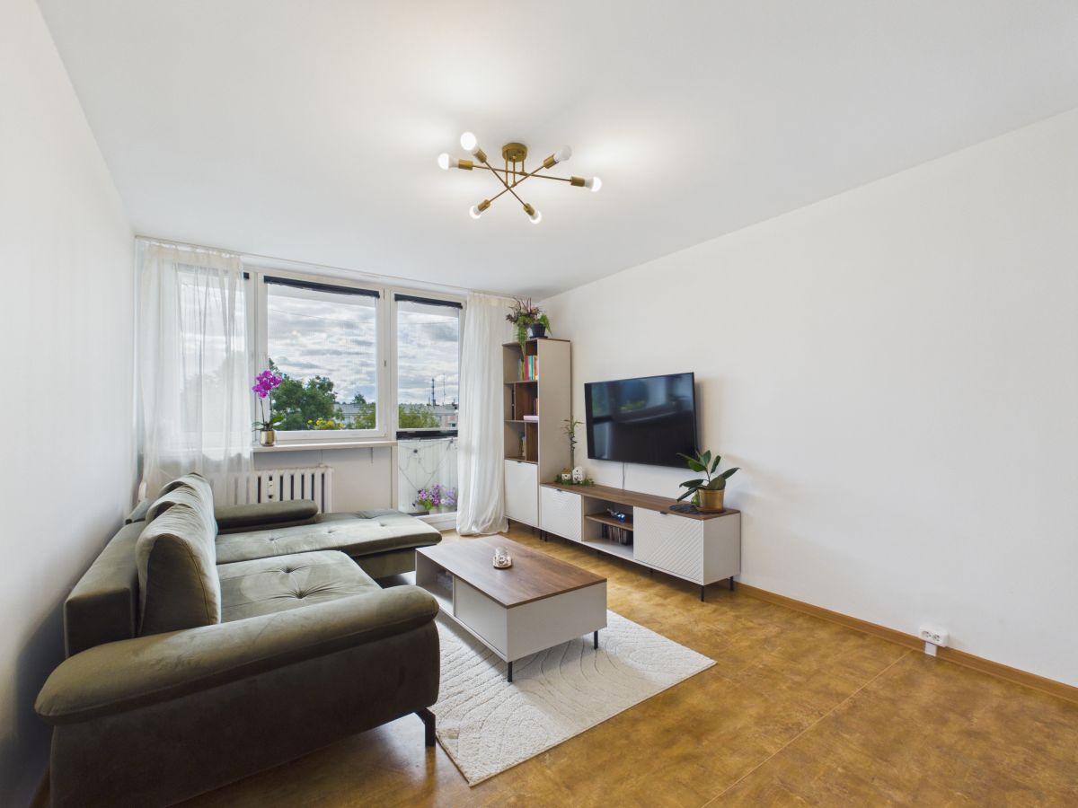 Living room with an olive L-shaped sofa, coffee table, and a wall-mounted TV on a white entertainment unit, near a large window with sheer curtains and potted plants.