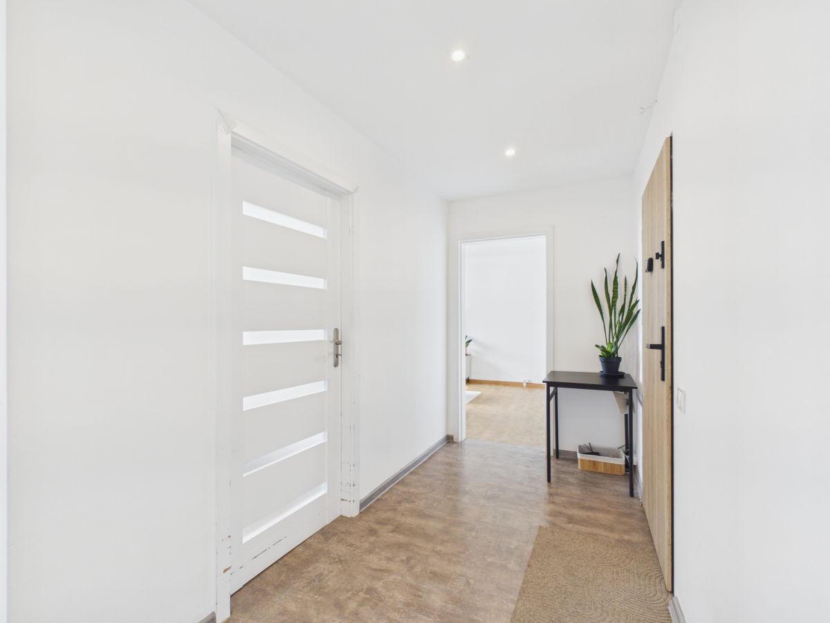 Bright white hallway with a modern white slatted door on the left, a tall wooden door on the right, and a black table with a tall plant near the wall.