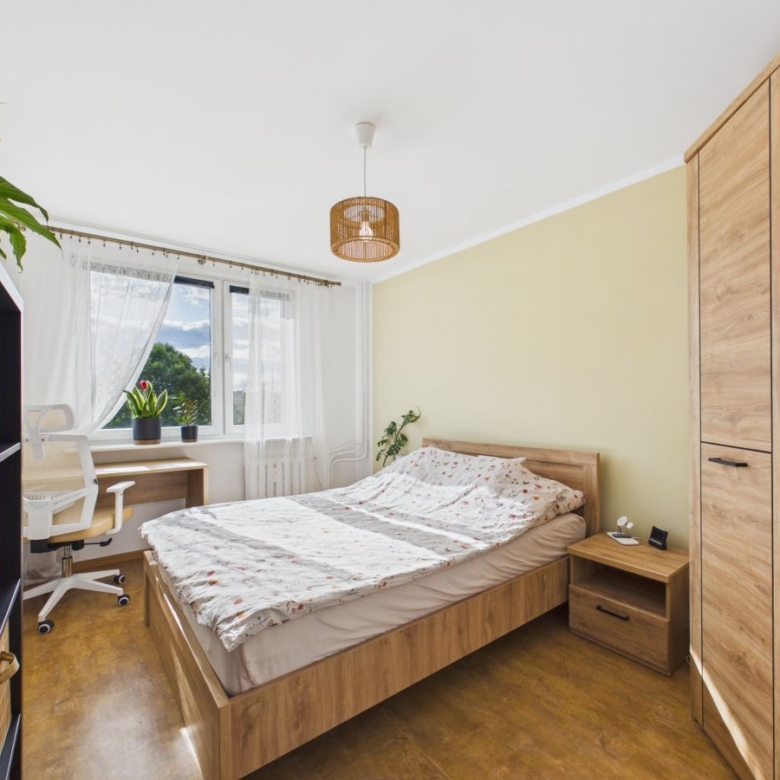 Cozy bedroom with a wooden bed, bedside table, wardrobe, and a desk by a window with potted plants.