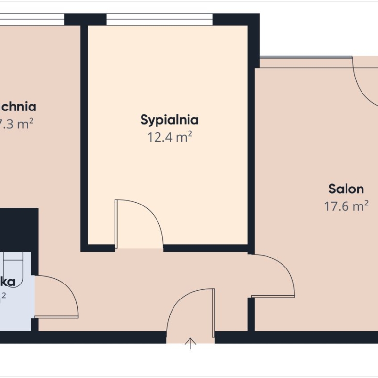 Plan mieszkania: kuchnia, sypialnia, salon i łazienka z podanymi metrażami.