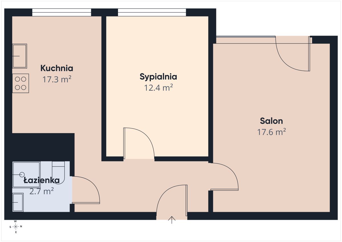 Plan mieszkania: kuchnia, sypialnia, salon i łazienka z podanymi metrażami.