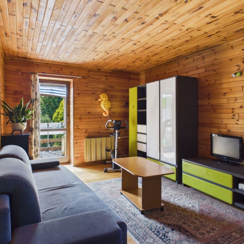 Wood-paneled living room with a blue-gray sofa, coffee table, rug, and a balcony door letting in light.