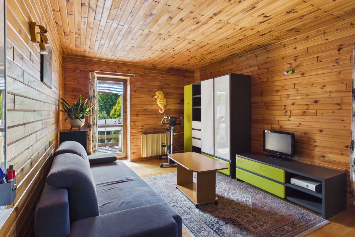 Wood-paneled living room with a blue-gray sofa, coffee table, rug, and a balcony door letting in light.