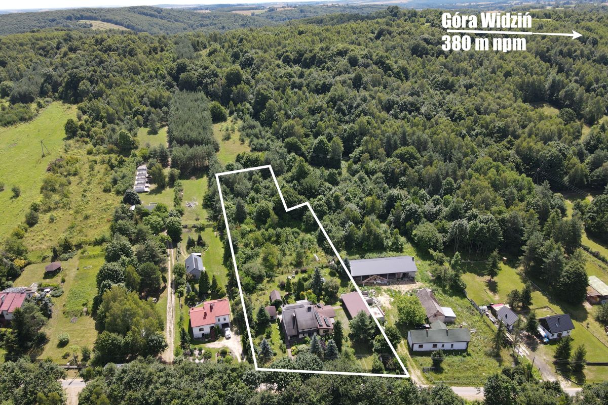Aerial view of a fenced, irregular lot outlined in white among houses and dense trees in a rural area.