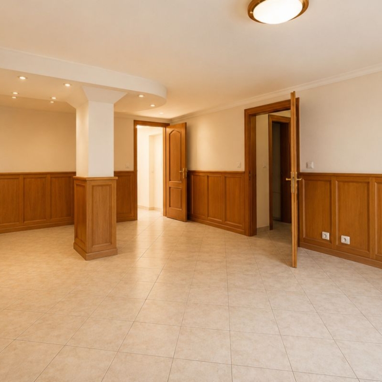 Empty, well-lit room with beige walls, wood paneling along the lower half, and a central column; two open doors and tiled floor.