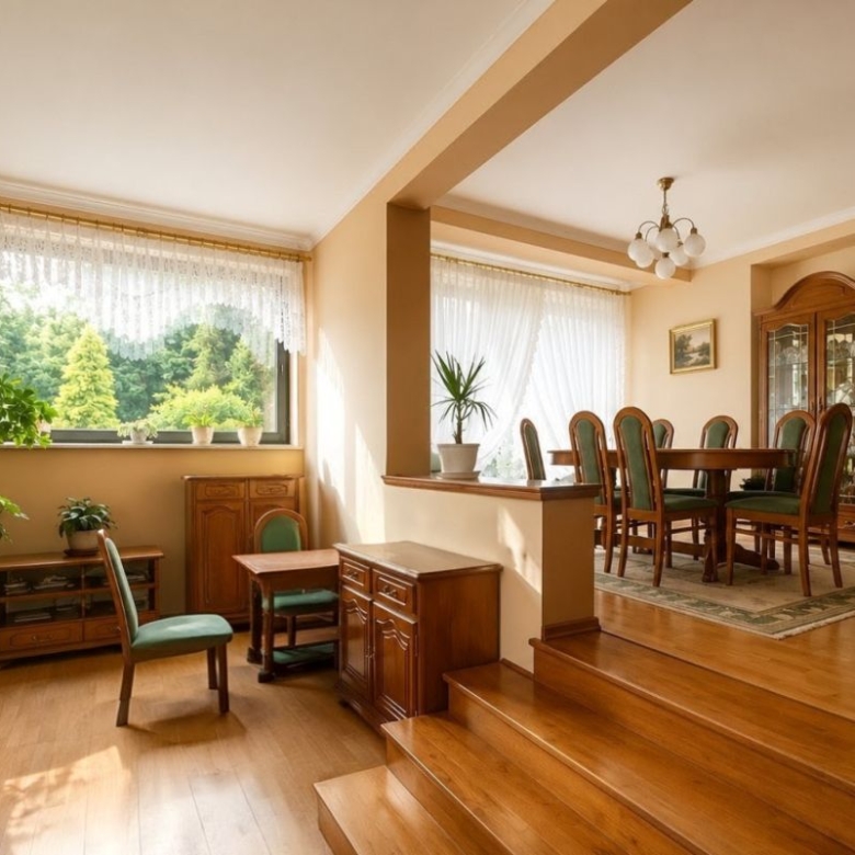 Bright living and dining area with wooden furniture, green-upholstered chairs, and multiple potted plants by large windows with lace curtains.