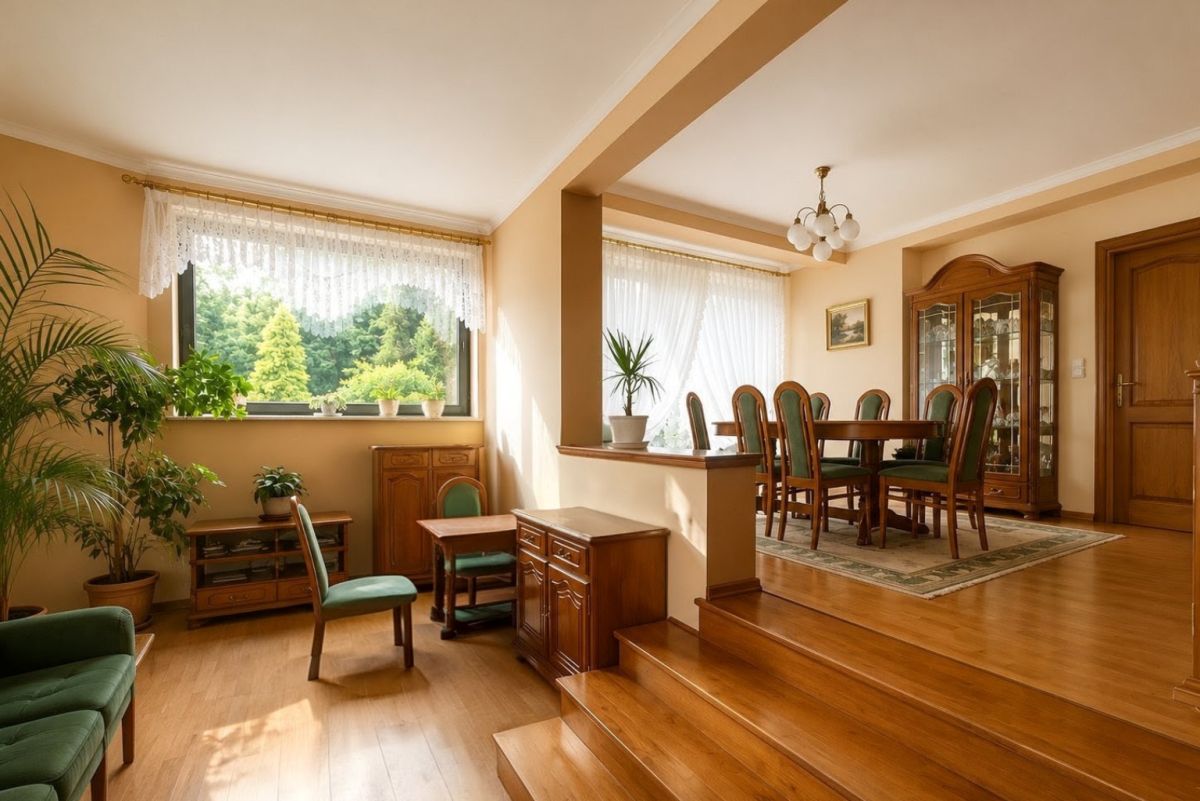 Bright living and dining area with wooden furniture, green-upholstered chairs, and multiple potted plants by large windows with lace curtains.