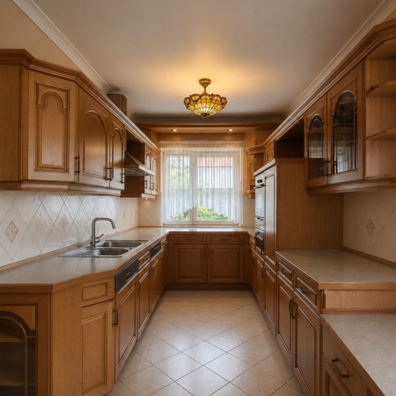 L-shaped kitchen with warm wood cabinets, beige counters, tiled backsplash, and a window above the sink.
