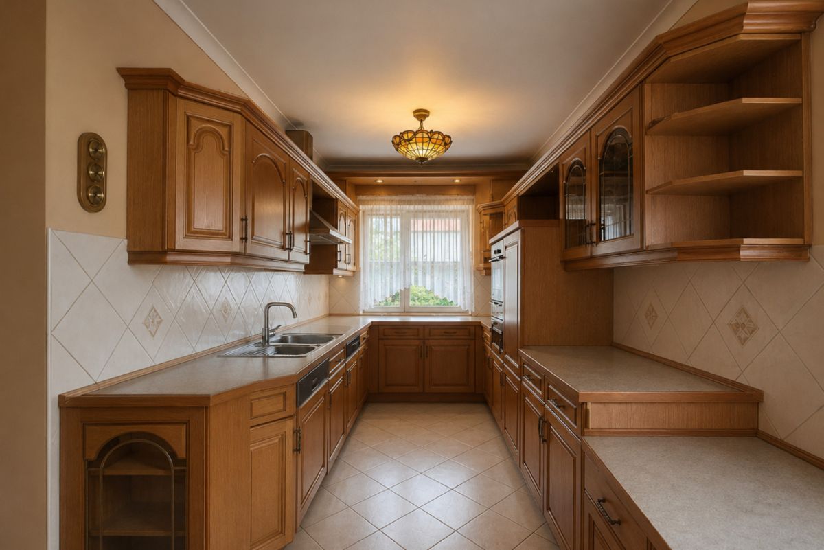 L-shaped kitchen with warm wood cabinets, beige counters, tiled backsplash, and a window above the sink.