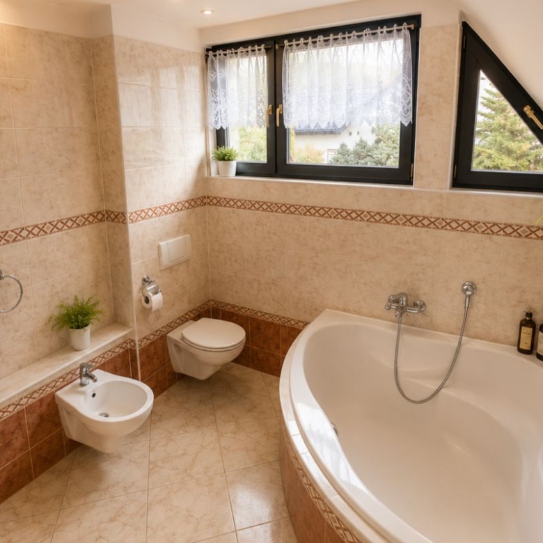 Bright bathroom with a large curved white bathtub, wall-mounted faucet, toilet and bidet, and beige tiled walls with decorative trim under a window. Two teal towels hang on the wall.
