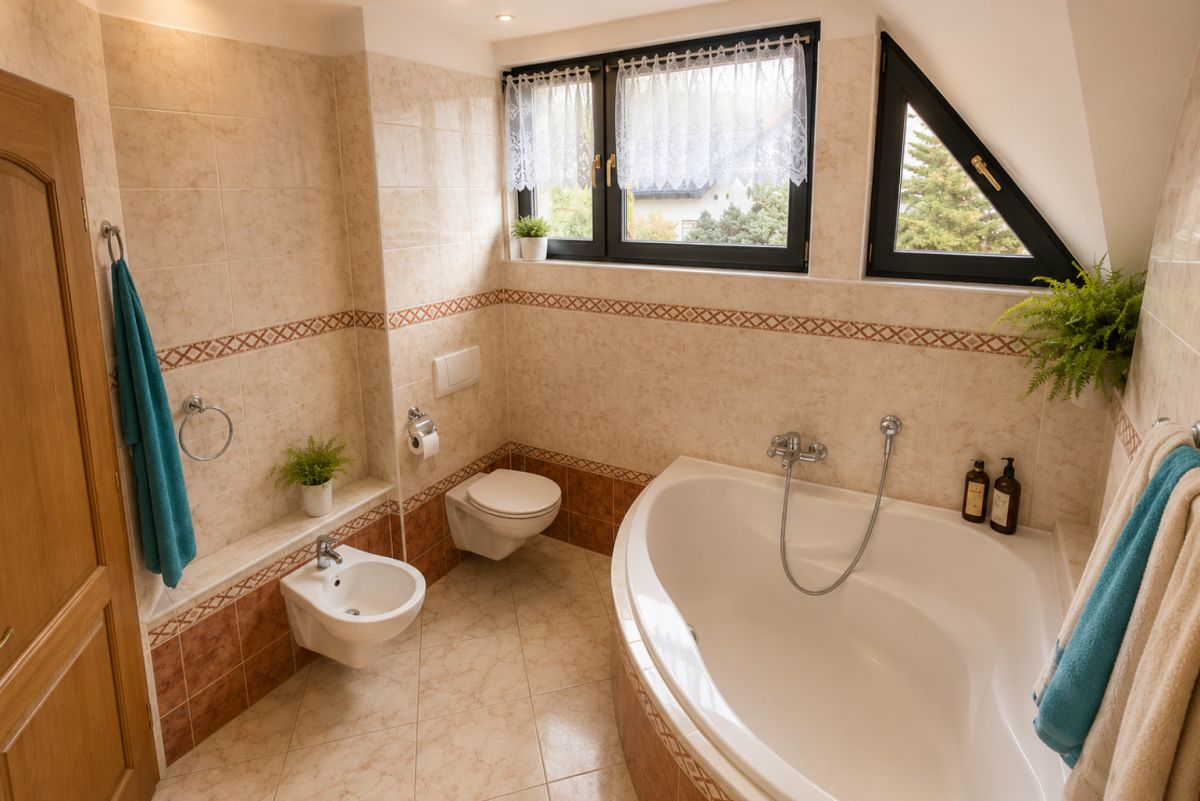 Bright bathroom with a large curved white bathtub, wall-mounted faucet, toilet and bidet, and beige tiled walls with decorative trim under a window. Two teal towels hang on the wall.