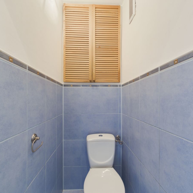 Small narrow bathroom with blue tile walls, a white toilet, and a wooden louvered cabinet above. A towel ring is on the left wall.