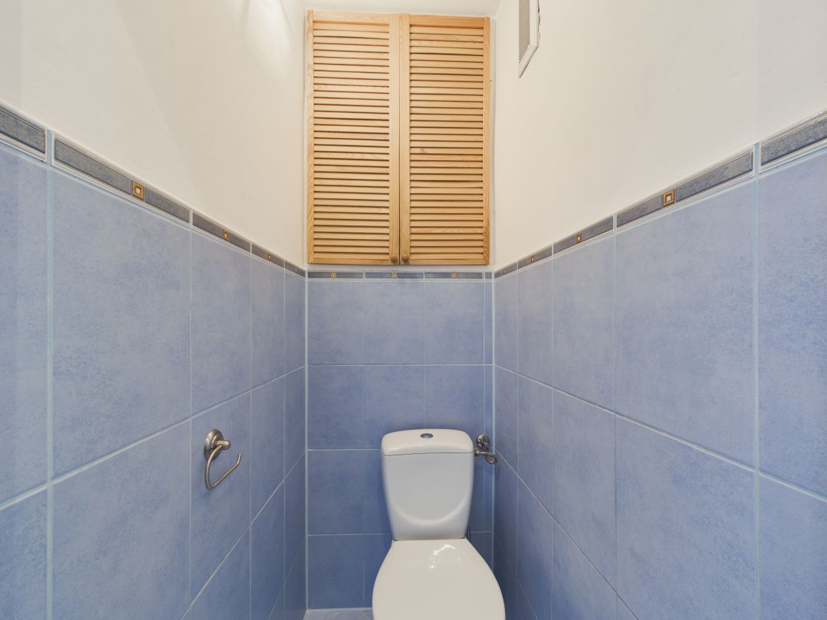 Small narrow bathroom with blue tile walls, a white toilet, and a wooden louvered cabinet above. A towel ring is on the left wall.