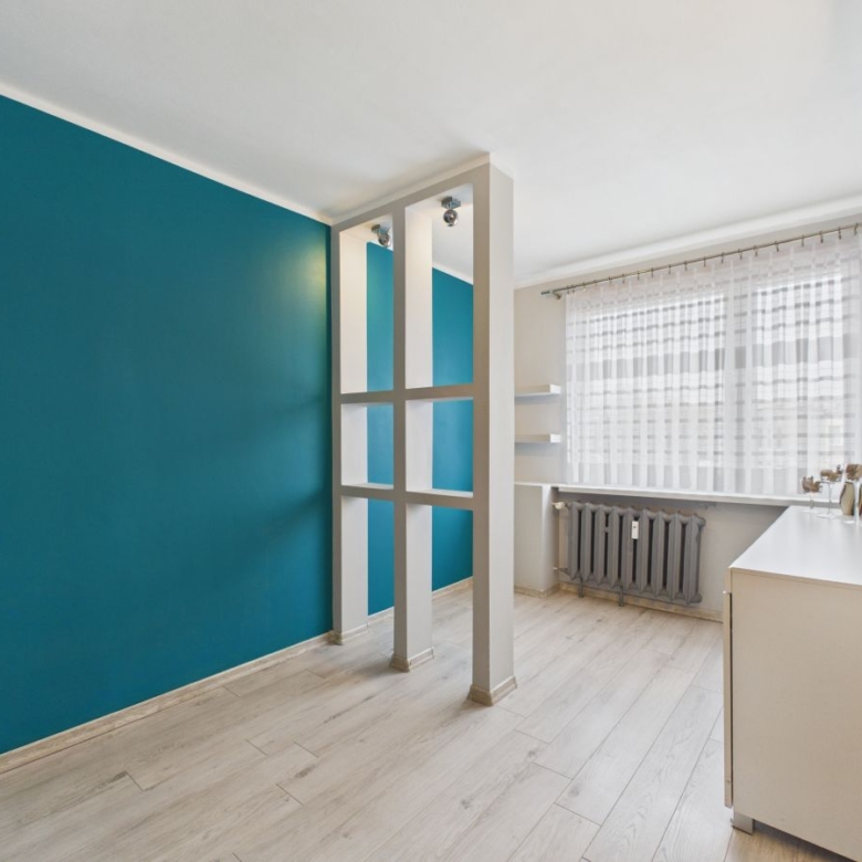 Modern minimalist room with a teal accent wall, a white grid divider, and a white dresser by a window with sheer curtains.