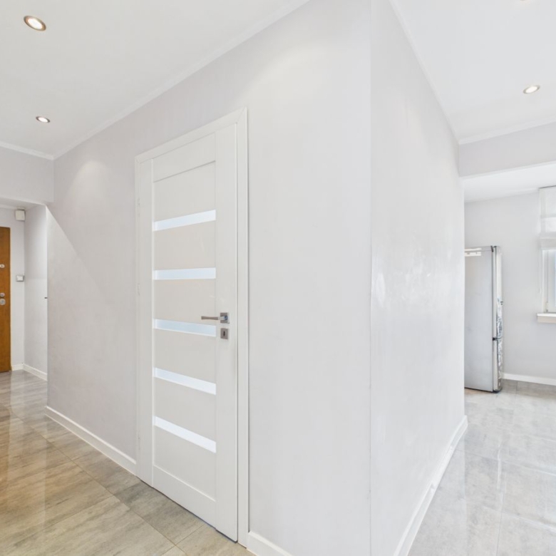 Bright hallway in a modern apartment with white walls, a wooden front door on the left, and a white interior door with horizontal frosted-glass panels in the center.