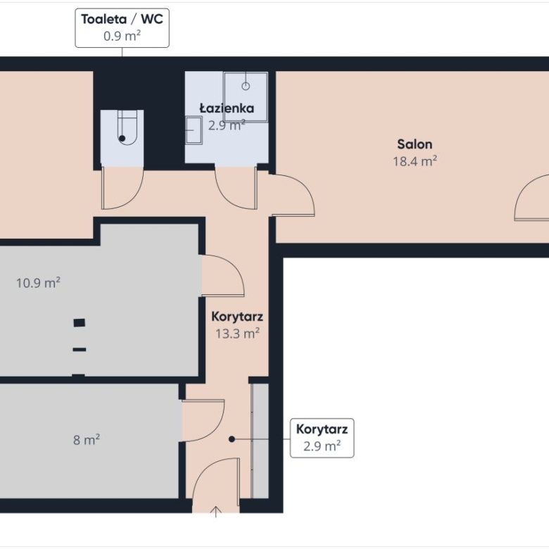 Floor plan of an apartment showing Salon 18.4 m2, two bedrooms (10.9 m2 and 8 m2), corridor 13.3 m2, entry corridor 2.9 m2, toilet 0.9 m2, and bathroom 2.9 m2.