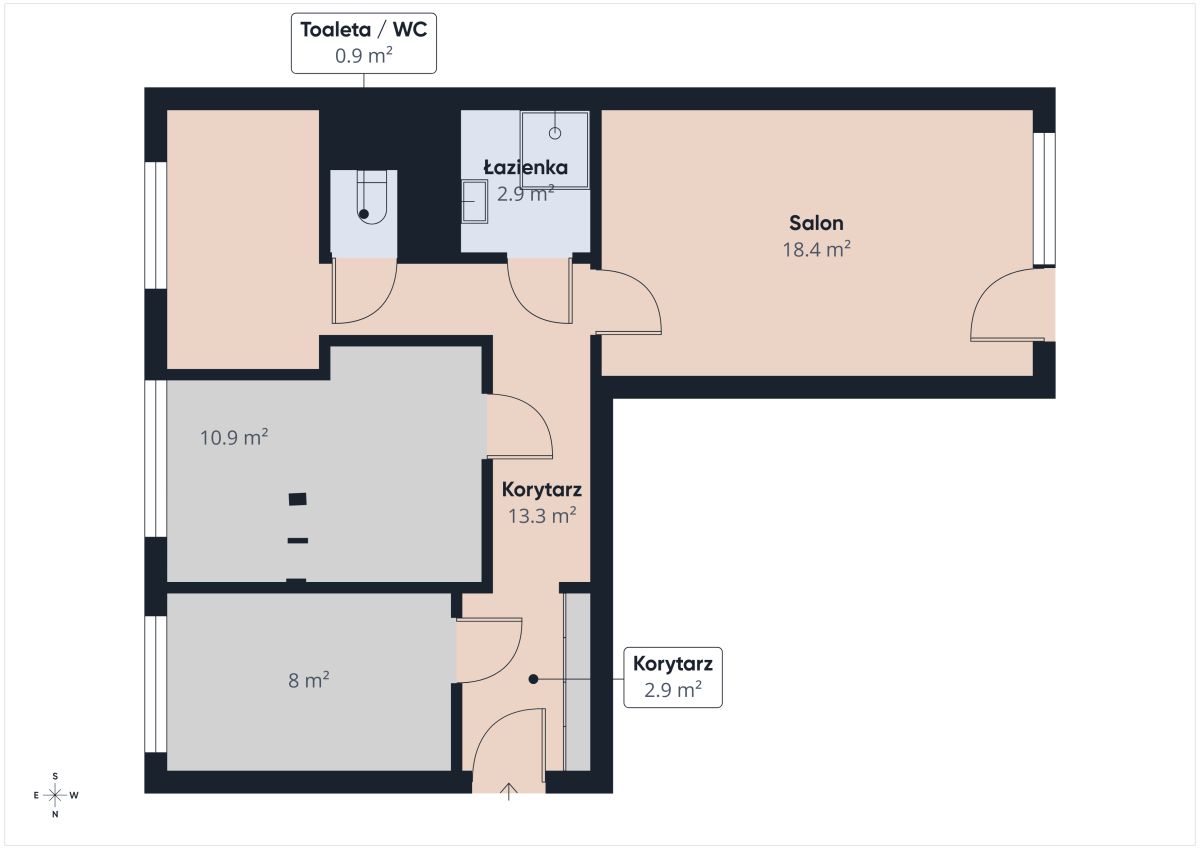 Floor plan of an apartment showing Salon 18.4 m2, two bedrooms (10.9 m2 and 8 m2), corridor 13.3 m2, entry corridor 2.9 m2, toilet 0.9 m2, and bathroom 2.9 m2.