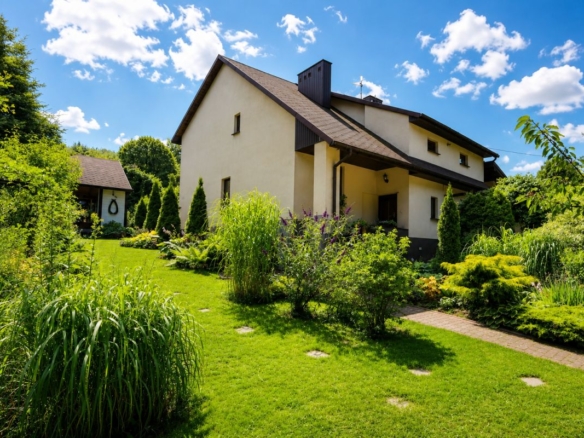 Two-story beige house with a brown roof, set in a lush green garden under a bright blue sky.