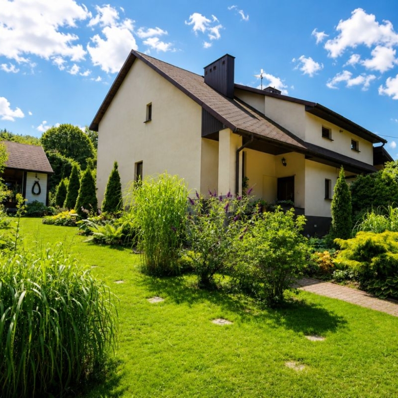 Two-story beige house with a brown roof, set in a lush green garden under a bright blue sky.