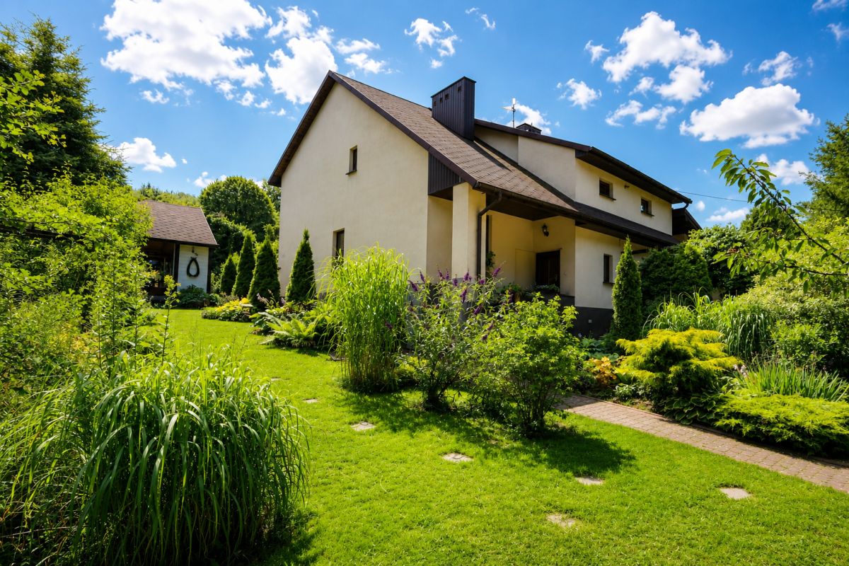 Two-story beige house with a brown roof, set in a lush green garden under a bright blue sky.
