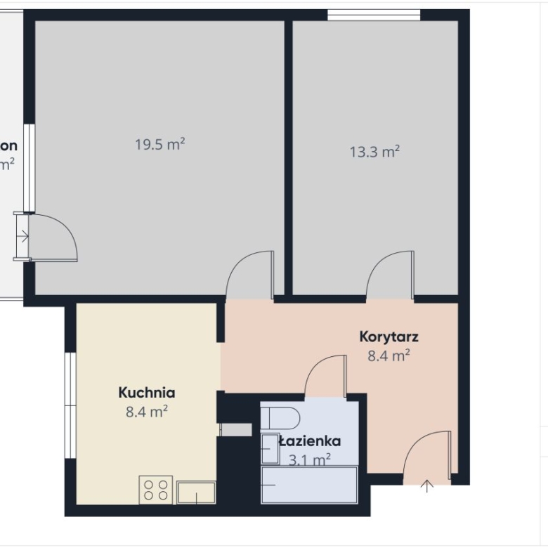 Plan mieszkania: kuchnia 8.4 m², łazienka 3.1 m², korytarz 8.4 m², pokoje 19.5 m² i 13.3 m², balkon 4.7 m².
