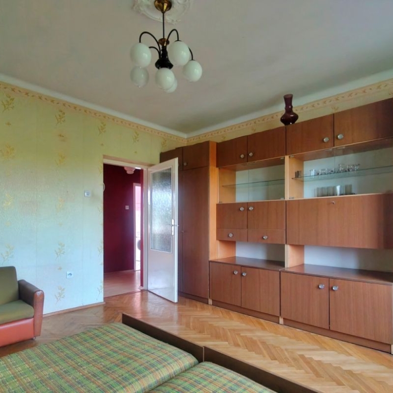 Living room with a large wooden wall cabinet, green plaid sofa, and an orange-brown armchair on a parquet floor.