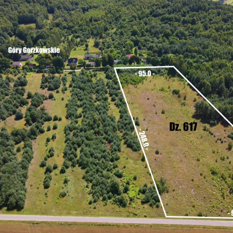 Aerial view of a fenced land parcel labeled Dz. 617, with white boundary lines and dimension markers, located near a forested area and a small village labeled Góry Gorzkowskie in the distance.
