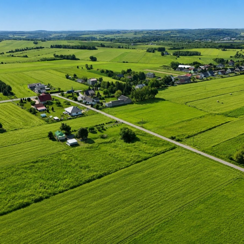 Aerial view of a rural village with green fields, roads, and scattered houses across a patchwork landscape.