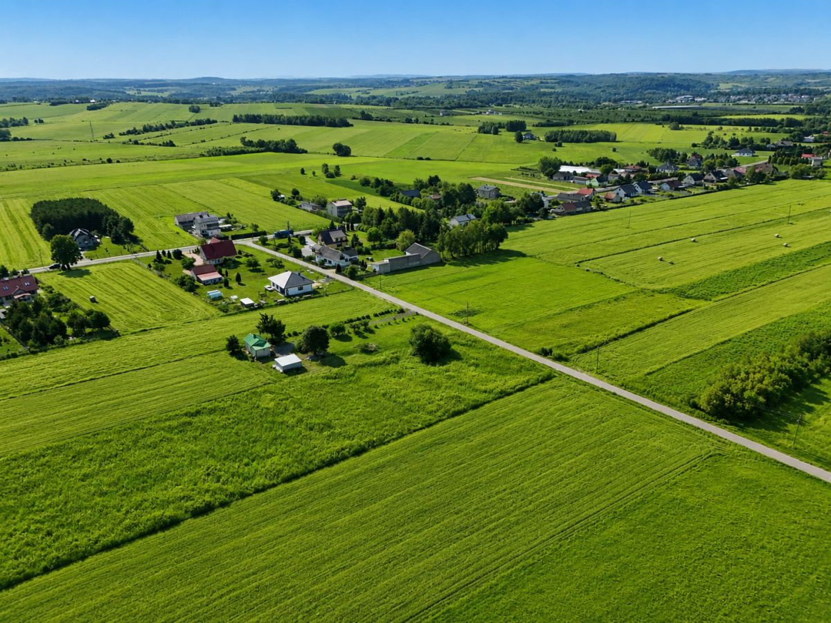 Aerial view of a rural village with green fields, roads, and scattered houses across a patchwork landscape.